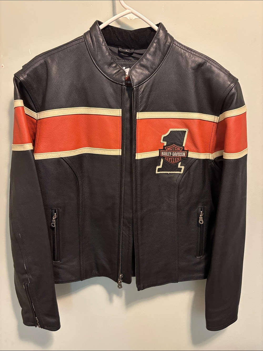 Harley-Davidson Black Leather Jacket with Orange and Cream Racing Stripes